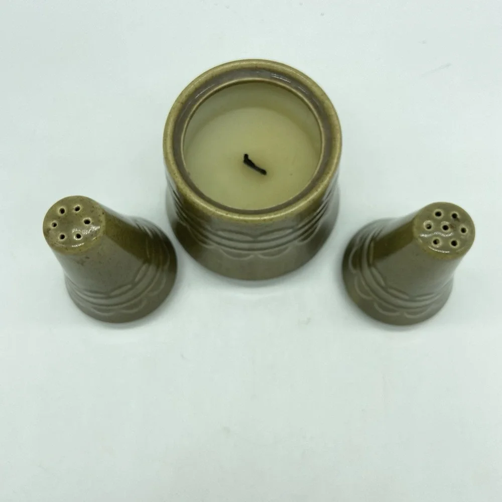 Homer Laughlin Salt Pepper Shakers Sugar Bowl Set Avocado Speckled Vintage‎ MCM